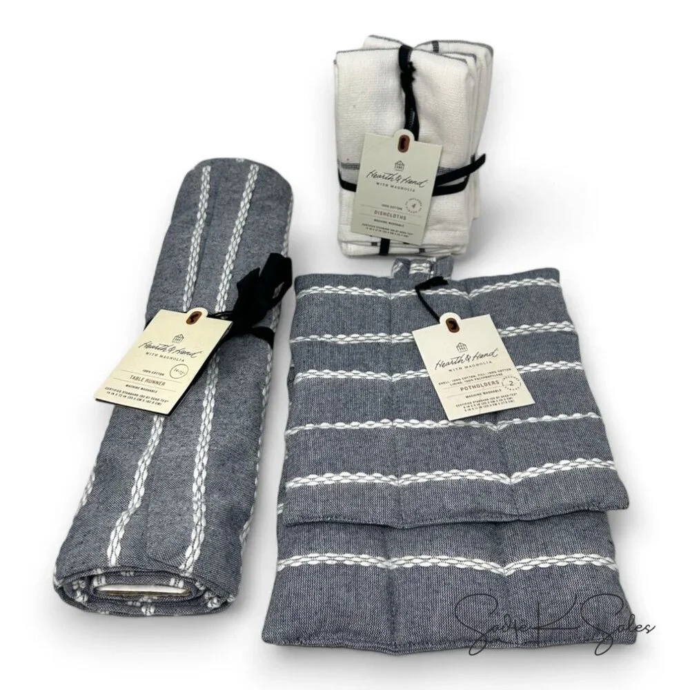 Hearth & Hand Magnolia Dobby Woven Rib Stripe TableRunner 14x72 Faded Blue‎